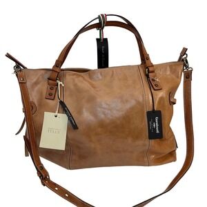 Cavalcanti Florence 1958 Italian Leather Tote Bag Cognac Tan Striped Lining NEW